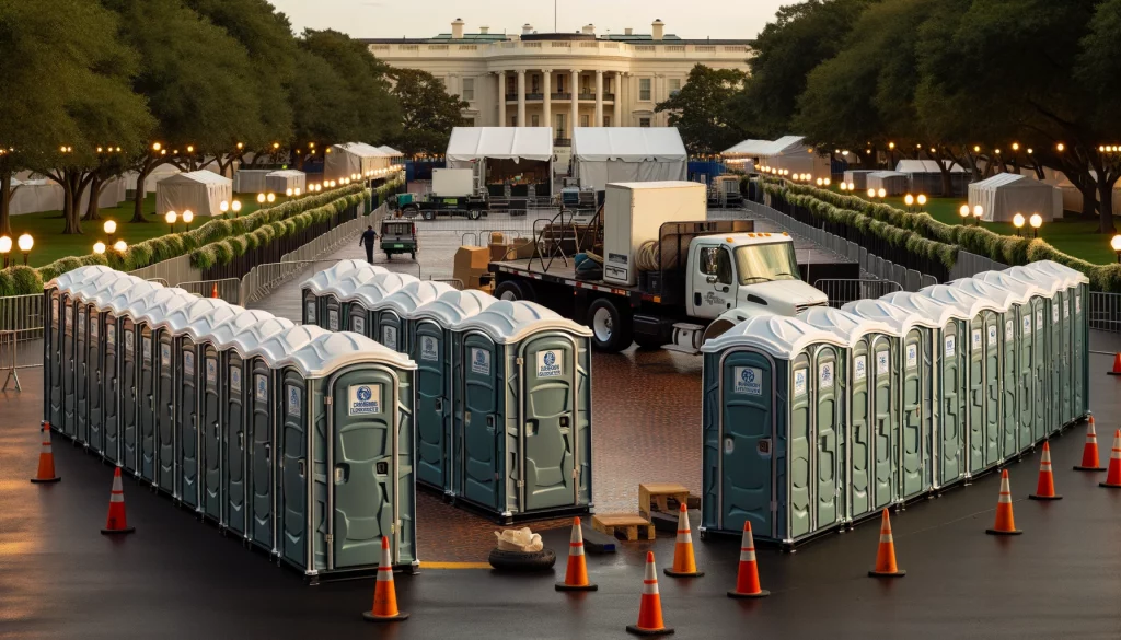 Festival porta potty bank with barricades in Lenoir, North Carolina