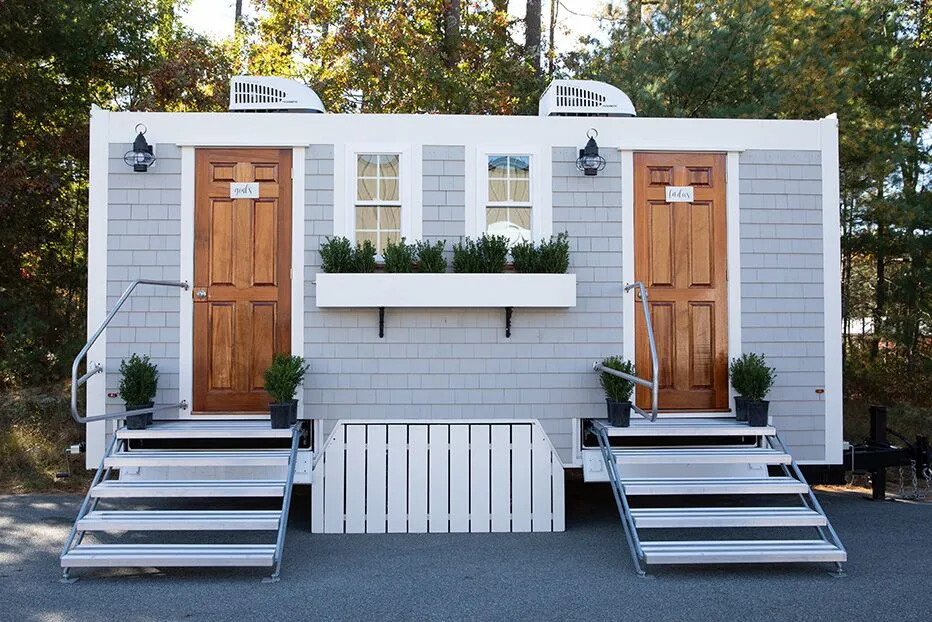 Wedding restroom units discretely staged at a venue in Lenoir, North Carolina